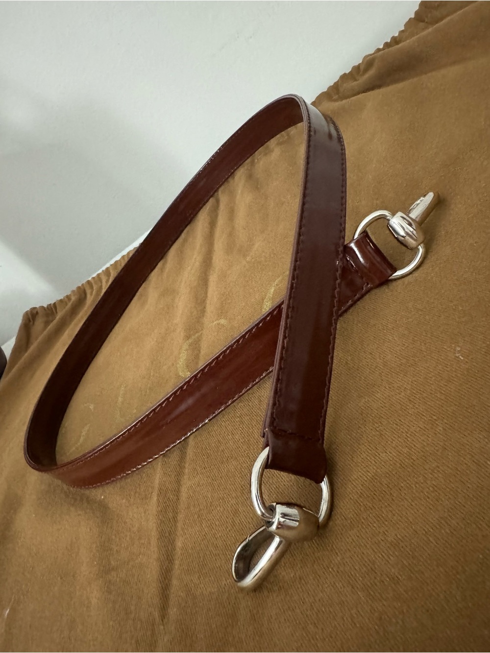 Authentic Gucci Glossy Brown Patent Leather Satchel with Double G Emboss - Picture 10 of 16